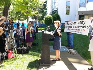 Linda Harvey of Mission America speaks out against pro-homosexual school programs, outside the homosexual lobby group Human Rights Campaign's D.C. headquarters. Harvey was the target of vulgar hate-emails after she was mentioned in press release days before the event.