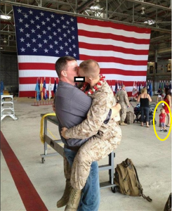 Fox News showed little interest in the homosexuals-in-the-military issue, with Bill O'Reilly supporting ending the homosexual exclusion policy. Here a Marine kisses and jumps up on his boyfriend at a welcoming-home event, as a young child (circled in yellow) looks on. (Same-sex kiss blocked for decency.)