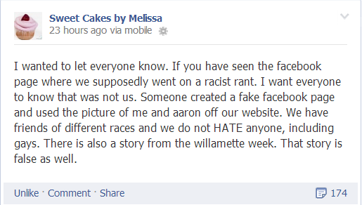'Gay'-Manufactured "Hate": This note was posted by Sweet Cakes owners Aaron and Melissa Klein on their Facebook page September 6, 2013