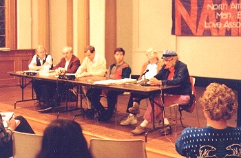 Photo from the NAMBLA website of the late "gay" icon Harry Hay speaking at a 1984 meeting of the North American Man/Boy Love Association. Hay says "gay" boys benefit from sexual relationships with adult homosexual men.