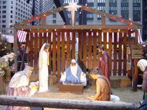 Nativity scene in Chicago's Daley Plaza. An atheists' display is nearby -- offering a contrast between good and evil.