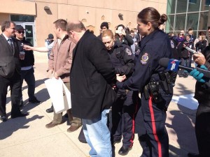 AFTAH President Peter LaBarbera being arrested at the University of Regina. Yesterday, Judge MaryLynne Beaton rejected the university's claim that a peaceful protest at U-R against abortion and sodomy somehow interfered with students' education.