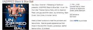 "Gay Days" at Disney is a full week of parties and events. Here is an item on the 2014 Gay Days site advertising a homosexual "leather" (sadomasochism) ball.