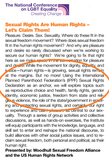Planned Parenthood Activism: A day-long "institute" for LGBTQ activists held by the National LGBTQ Task Force's "Creating Change" conference, to be held in Denver next month, adopts Planned Parenthood tactics in the leftist crusade for "sexual freedom."