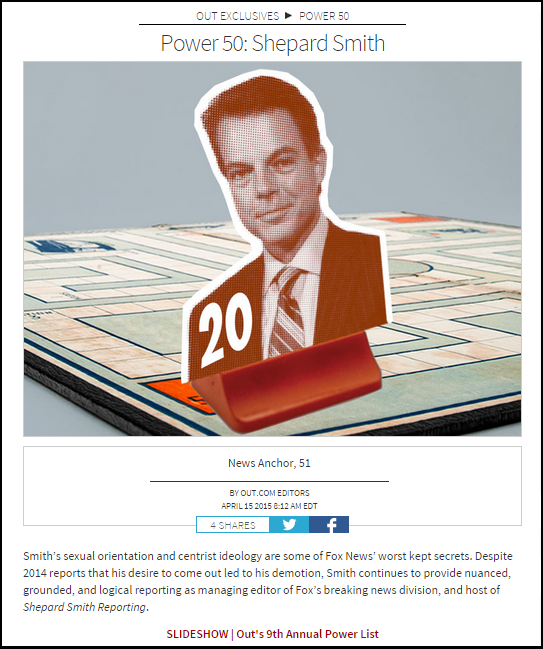 Shep Smith's listing in the 2015 OUT magazine "Power List" of politically and culturally powerful (alleged) homosexuals.