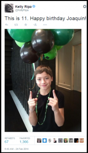 Kelly Ripa's son, Joaquin, shown in a 2014 Twitter photo on his 11th birthday. Following the legalization of "gay marriage" in New York in 2011, a younger Joaquin was so exposed to homosexual male friends of his famous mom getting "married" that he had to ask her if a man marrying a woman was illegal.