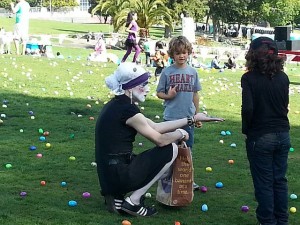 One of the San Francisco "Sisters" works the annual Easter egg hunt, which is held the morning of the Christ-mocking "Hunky Jesus" contest.