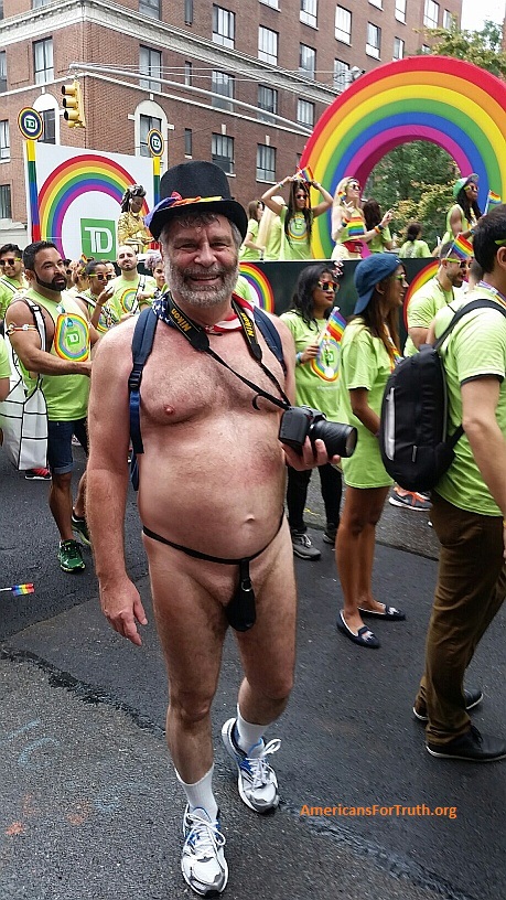 Corruption of Children--Funded by Walmart: Appropriate for Children? Man in G-string and sneakers poses for photo at New York City "pride" parade. Parents associate parades with wholesome fun for their children. But homosexual pride events are the antithesis of wholesomeness, as modern homosexualism (post-Stonewall) began as a radical sexual liberation movement. It is totally irresponsible for a parent to bring his or her child to an event that flaunts sexual depravity, and yet thousands of minor kids attended the NYC homosexual parade.