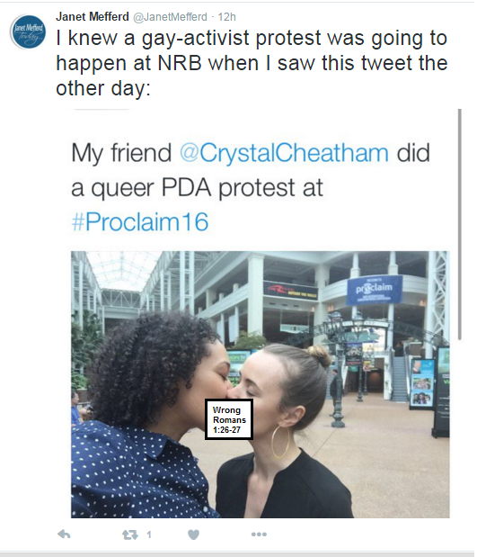 Tweet by Christian talker Janet Mefferd highlights another LGBT activist protest against NRB. Interestingly, homosexual activists use their "sexuality" as a weapon--with perverse PDAs like this to punish faith-based opponents. AFTAH blocks homosexual kisses because they are indecent, according to thousands of years of Judeo-Christian moral teachings.
